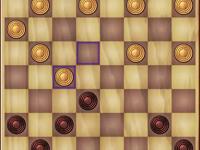 Spielszene aus Checkers mit Damebrett und Holzsteinen